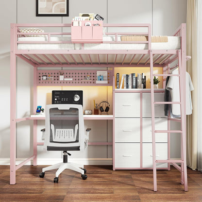 Twin Loft Bed with Desk and 6 Storage Drawers, Charging Station & LED, Pink8