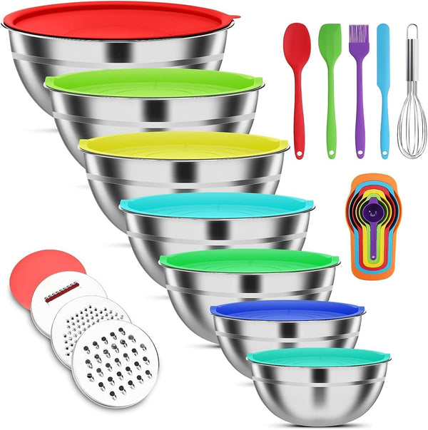 Stainless Steel Mixing Bowls Set with Lids & 3 Grater Attachments, Colorful1