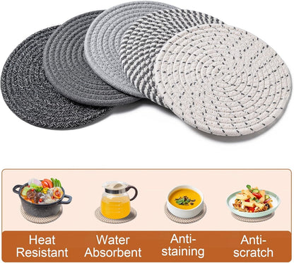 7 Inch Trivets for Hot Dishes, Pot Holders for Kitchen, Hot Pads, Coasters | 5 Pcs, Heat Resistant, 100% Pure Cotton Thread Weave, Hot Mats for Countertop and Table, Kitchen Essentials, Home Decor, Gray4