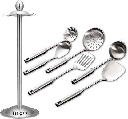 Cooking Utensils Set,6 PCS with Utensils Holder,304 Stainless Steel | round Handle,For Kitchen Cooking,Includes: Wok Spatula, Soup Ladle, Slotted Spoon, Spaghetti Spoon, Utensils Holder1