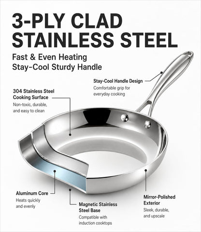 12 Inch Tri-Ply Stainless Steel Frying Pan with Lid | Large Induction Skillet, Non Toxic No Coating Chef'S Pan, Oven & Dishwasher Safe, All Cooktops Compatiable, Polish Silver2
