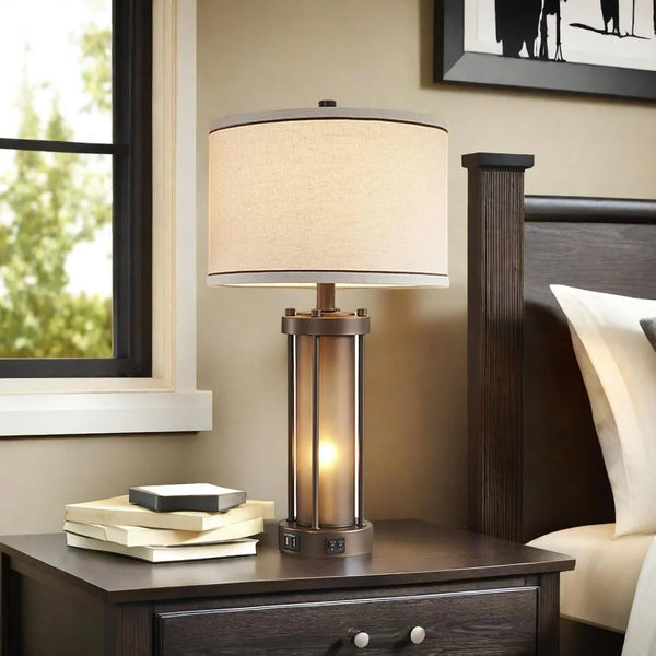 Set of 2 Farmhouse Table Lamps for Living Room with 2 USB Charging Ports | Vintage Rustic Nightstand Lamps with Amber Glass Nightlight, Retro Desk Lamps for Bedroom Entryway, 4 Bulbs Included (Brown)7