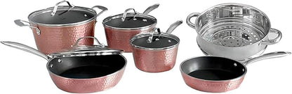 Ceramic Pots and Pans for Cooking - 10 Piece Cookware Set with Glass Lids, Rose Hammered Design, Elegant, Lightweight & Durable Non Stick Pans for All Stove Top Designs, Oven Use up to 500°F1