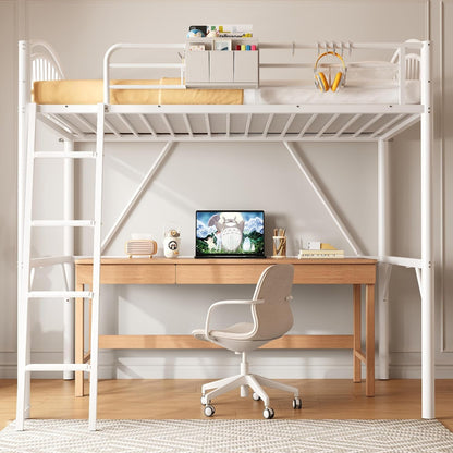 Loft Bed White Twin with Storage Bag, Metal Twin Size Loft Beds for Kids with Convertible Ladder, Safety Guard Rails and Anti-Tip Nails for Teenager，Girls or Boys (White)3