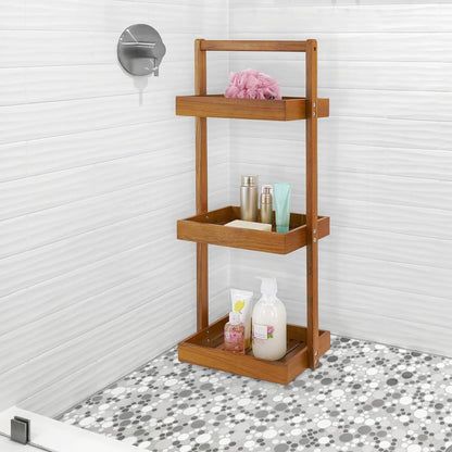 Teak Shower Caddy Corner, Standing Organizer Shelf with Handle8