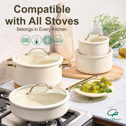 Ceramic Cookware Sets, 15Pcs Pots and Pans Set Non Stick, Cookware Set with Stainless Steel Handle, Dishwasher & Oven Safe, Cream White and Light Gold Handle5