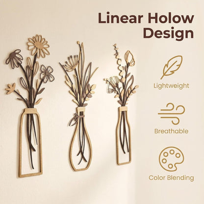3Pcs Brown Metal Flower Vase Wall Art Botanical Iron Farmhouse Decor | 3-Piece Brown Metal Flower Vase Wall Art, Rustic Botanical Iron Sculpture, Easy to Hang for Farmhouse Living Room Decor3