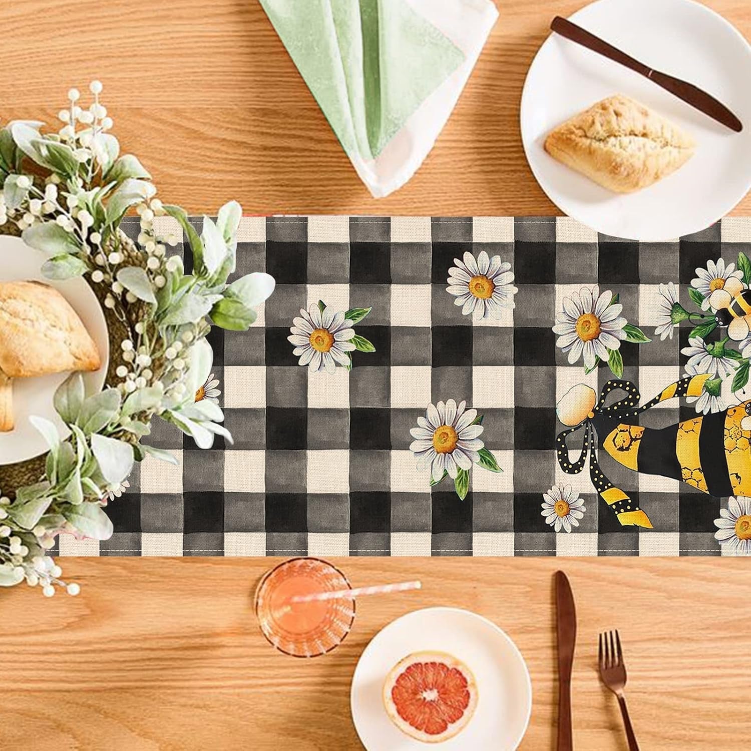 spring-bee-gnome-table-runner-honey-black-white-buffalo-plaid-check