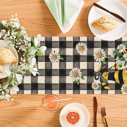Spring Bee Gnome Table Runner, Honey Black White Buffalo Plaid Check3