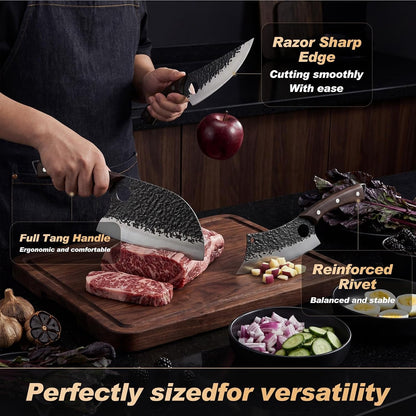 Butcher Knife Set 3PCS, Hand Forged Serbian Chef Knife & Meat Cleaver & Viking Knife, Food Cutting Kitchen Knife for Home, Outdoor Cooking, Camping BBQ Gift for Men4