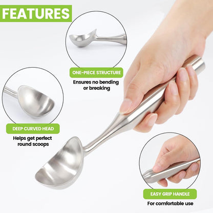 Stainless Steel Ice Cream Scoop - Heavy Duty Ice Cream Scooper with Ergonomic Handle - One-Piece Metal Ice Cream Spoon for Gelato, Sorbet, Cookies - Durable, Easy to Use & Dishwasher Safe4