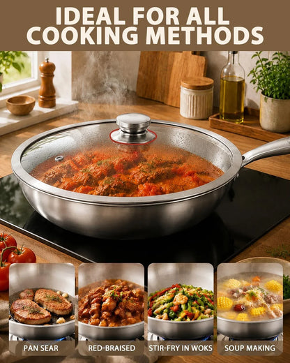 13-Inch Tri-Ply Stainless Steel Wok Pan with Lid | Detachable Handle | Stir-Frying Pan | Induction Wok | Dishwasher and Oven Safe | Heavy-Duty | Flat-Bottom6