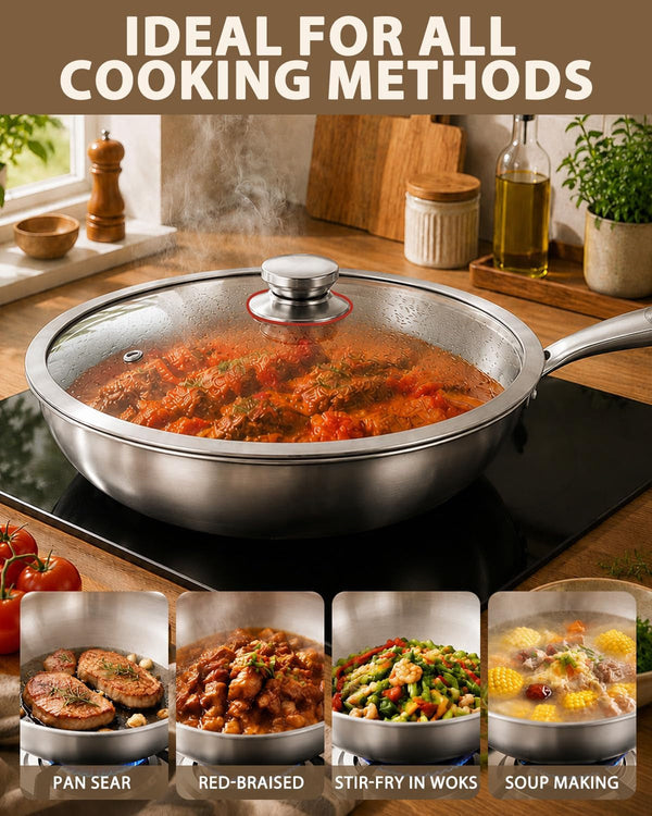 13-Inch Tri-Ply Stainless Steel Wok Pan with Lid | Detachable Handle | Stir-Frying Pan | Induction Wok | Dishwasher and Oven Safe | Heavy-Duty | Flat-Bottom6