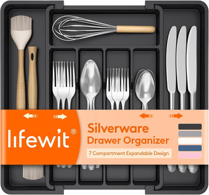 Expandable Silverware Drawer Organizer, Kitchen Utensil Tray | Bpa-Free Plastic Flatware Cutlery Holder, Space-Saving Storage for Spoons Forks Knives, 8-13.8 X 11.2 X 1.4“, Black1