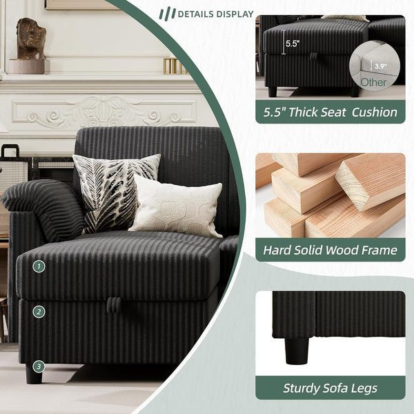 79" Convertible Sectional Couch for Living Room, Modular L Shaped Sofa with Movable Ottoman, Comfy Corduroy Fabric Couch with Removable Covers, Modern Apartment Furniture, Black3