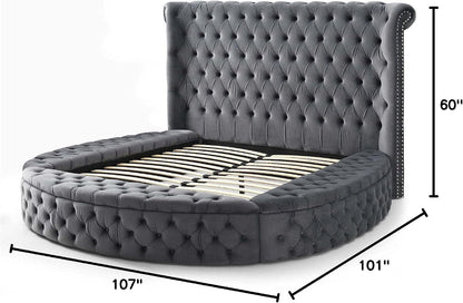 Elizabeth 107 X 101 Velvet round Storage King Bed in Gray2
