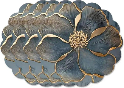 Set of 4 Cotton Linen Placemats, 15 in round Luxury Scalloped Flower Leaves Embroidered Cloth Wrinkle Free Floral Table Mats for Dining Dinner Holiday Decoration Tabletop Home Kitchen Blue1