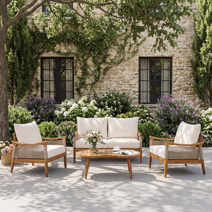 Havets 4 Piece Patio Conversation Sets, Outdoor Acacia Wood Patio Seating Group,Woven Rope Loveseat Chairs with Cushions and Coffee Table for Porch Backyard Balcony, Teak+Beige3