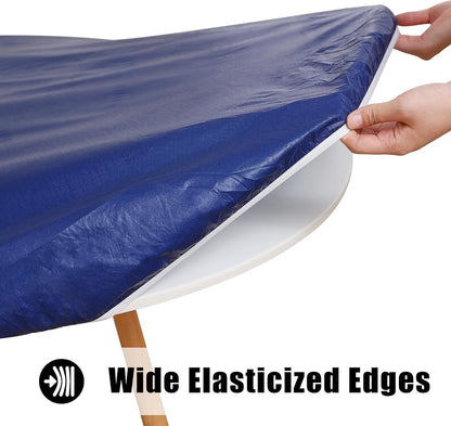 round Picnic Tablecloth, Waterproof Elastic Fitted Table Covers for 45" - 56" Tables, Wipeable Flannel Backed Vinyl Tablecloths for Camping, Indoor, Outdoor, Navy3