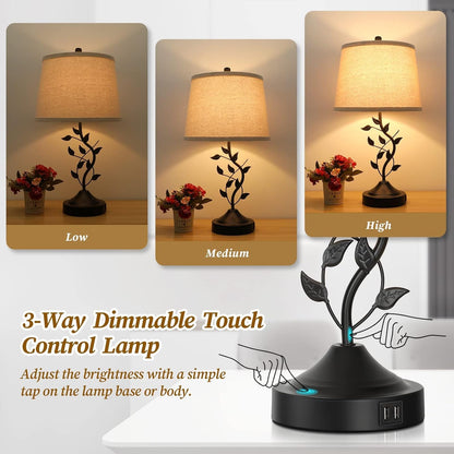 3-Way Dimmable Touch Table Lamps Set of 2, Rustic Leaf Bedside Lamps2