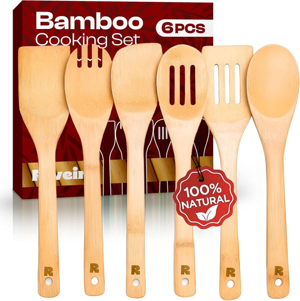 Bamboo Cooking Spoons 6-Piece – Wooden Cooking Utensils Set with Wooden Spoons for Cooking & Spatulas Wooden Utensil Sets – Premium Kitchen Utensils Set – Durable First Apartment Essentials1
