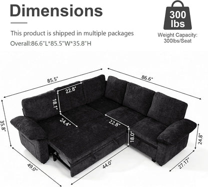 85 Inch Modular Sectional Sleeper Sofa with Pull Out Bed,L Shaped 5 Seat Sectional Couch with Storage, Modern Chenille Cloud Couch, Convertible Sectional Couches for Living Room, Apartment, Black2