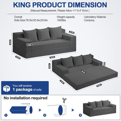 2 in 1 Convertible Boneless Couch Bed, Corduroy Futon Sofa Bed, Compression Folding Floor Couch Sofas Bed with 3 Pillows for Bedroom, Small Space Guest and Living Room Sofa (Grey, 78 Inches)2