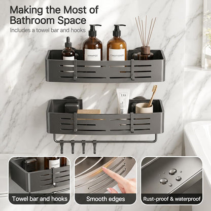 2 PCS Shower Caddy Suction Cup with Towel Bar & Hooks, No-Drilling (Gray)2