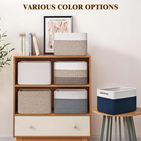 Storage Baskets for Organizing, 4 Pack Baskets for Shelves, Decorative Storage Bins for Shelves, Cotton Rope Storage Basket with Handles, Woven Basket for Storage, 13''Lx8.7''Wx7.9''H, White & Brown7