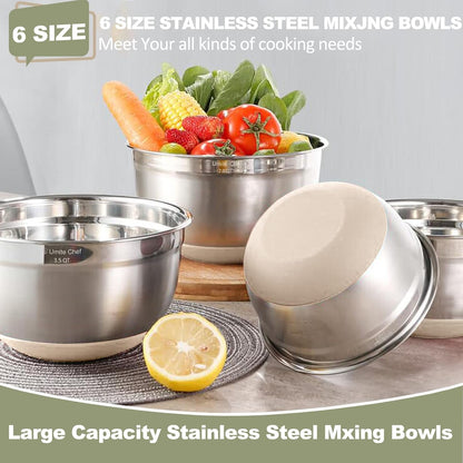 Mixing Bowls with Airtight Lids, 6 Piece Stainless Steel Metal Nesting Storage Bowls, Non-Slip Bottoms Size 7, 3.5, 2.5, 2.0,1.5, 1QT, Great for Mixing & Serving (Khaki)4