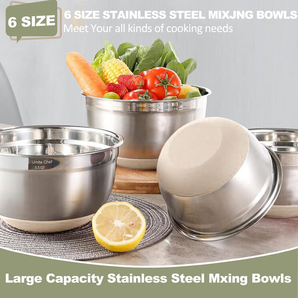 Mixing Bowls with Airtight Lids, 6 Piece Stainless Steel Metal Nesting Storage Bowls, Non-Slip Bottoms Size 7, 3.5, 2.5, 2.0,1.5, 1QT, Great for Mixing & Serving (Khaki)4