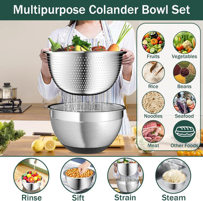 Mixing Bowls with Airtight Lids, Stainless Steel Mixing Bowl Set with 3 Nesting Kitchen Metal Bowls, Colander & Grater, Non-Slip Bottoms, Size 1.5, 2.5, 5 QT, Great for Mixing & Serving, Black4