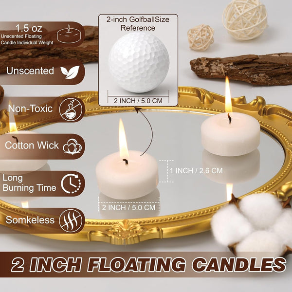 Floating Candles 2-Inch - 12 Pack White Unscented Floating Candles Smokeless Slow Burning Water Candle Set for Centerpieces Wedding Party Gifts Home Decor2