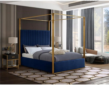 Contemporary Velvet King Bed, Navy Finish, Deep Channel Tufting, Brushed Brass Metal Frame, Full Slats, Canopy Height 78.5", Headboard Height 60.5", Elegant Bedroom Furniture2