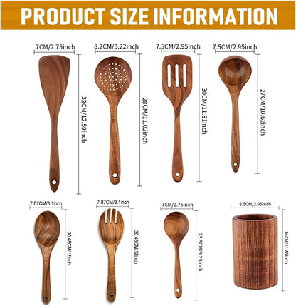 Wooden Kitchen Utensil Set, 9-Piece Cooking Tools with Holder and Spoon Rest, Wooden Spoons for Cooking2