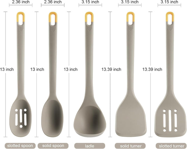 Silicone Kitchen Cooking Utensils Set:  Heat Resistant 13Inch Long Kitchen Gadgets, BPA Free Non Stick Rubber Cook Accessories for Food Prep, Frying, Serving, Basting (Light Grey)7