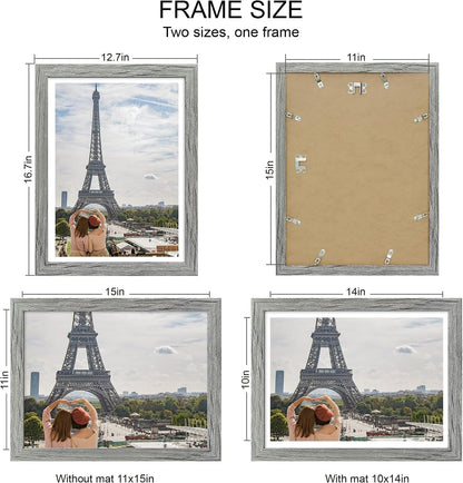 11X15 Picture Frame Set of 4, Made of Real Glass and Grey Frame - Display Picture 10X14 with Mat or 11X15 without Mat, 11 by 15 Photo for Wall Mounting2