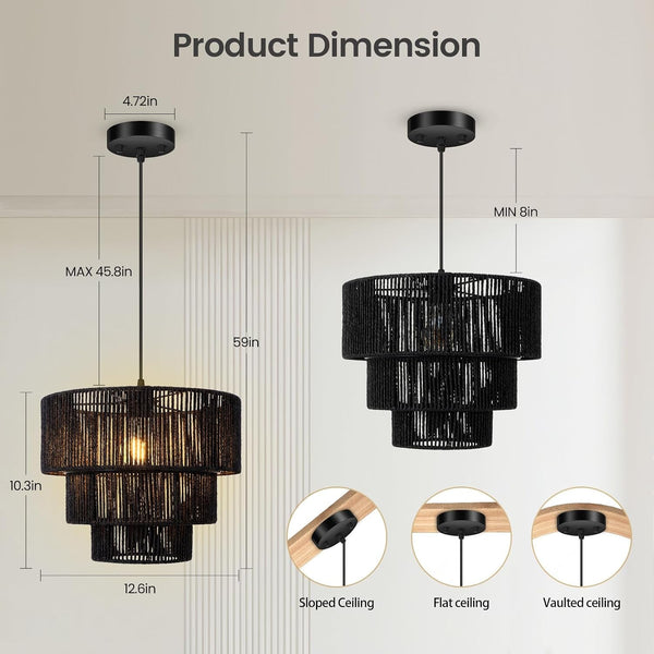 Boho Rattan Chandelier Light,3-Tier Hand Woven Pendant Ceiling Light,13” Farmhouse Coastal Wicker Chandelier Hanging Light for Living Room,Kitchen Island,Bedroom,Adjustable Cord,Black9