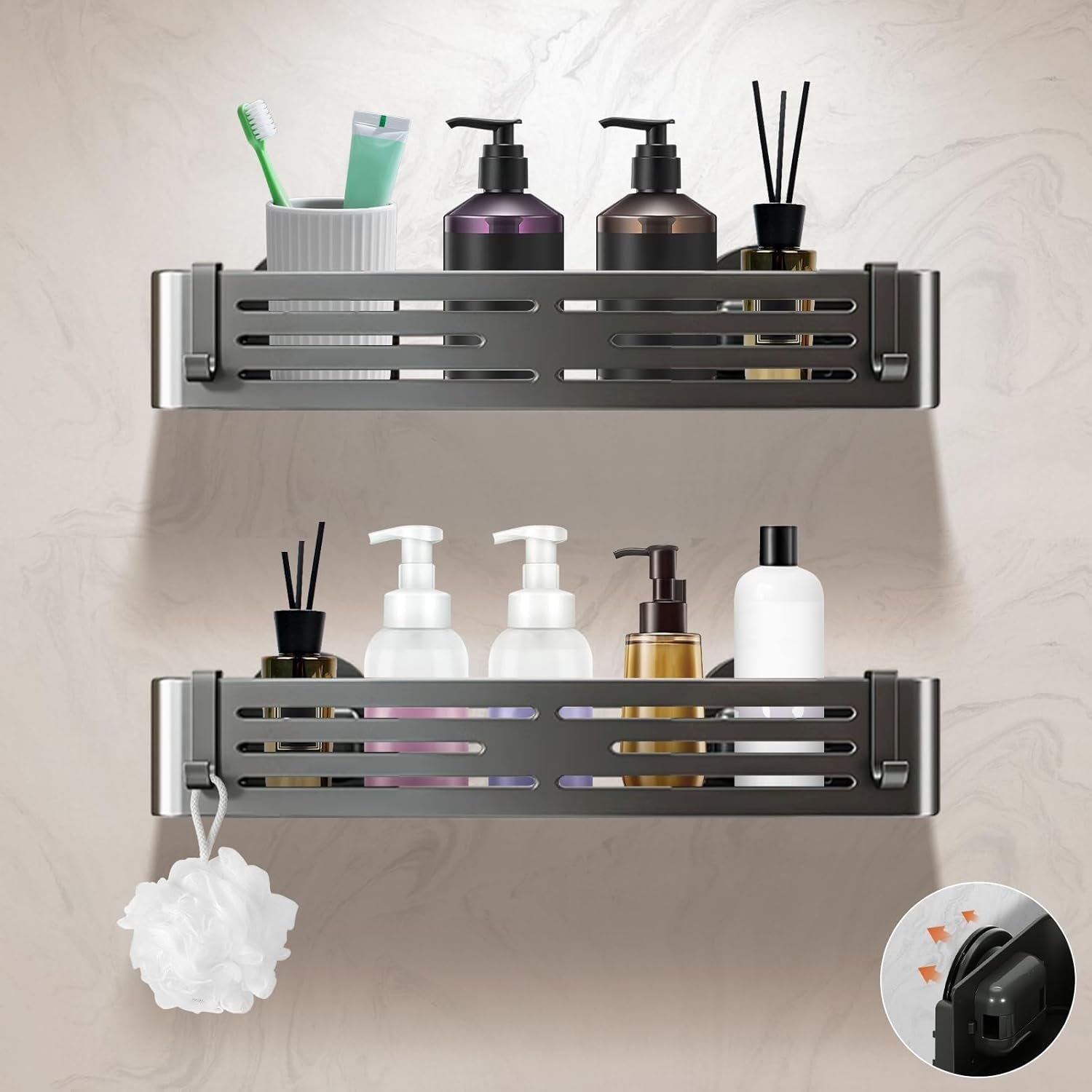 suction-cup-shower-caddy-no-drill-shower-shelf-aluminum-rust-proof-bathroom-shower-organizer-with-12-hooks-2-pack-gunmetal-gray