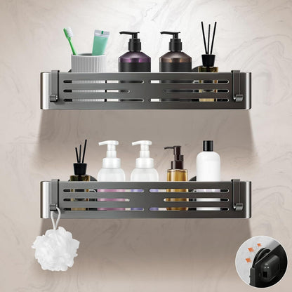 Suction Cup Shower Caddy, No Drill Shower Shelf, Aluminum Rust Proof Bathroom Shower Organizer with 12 Hooks (2-Pack, Gunmetal Gray)1