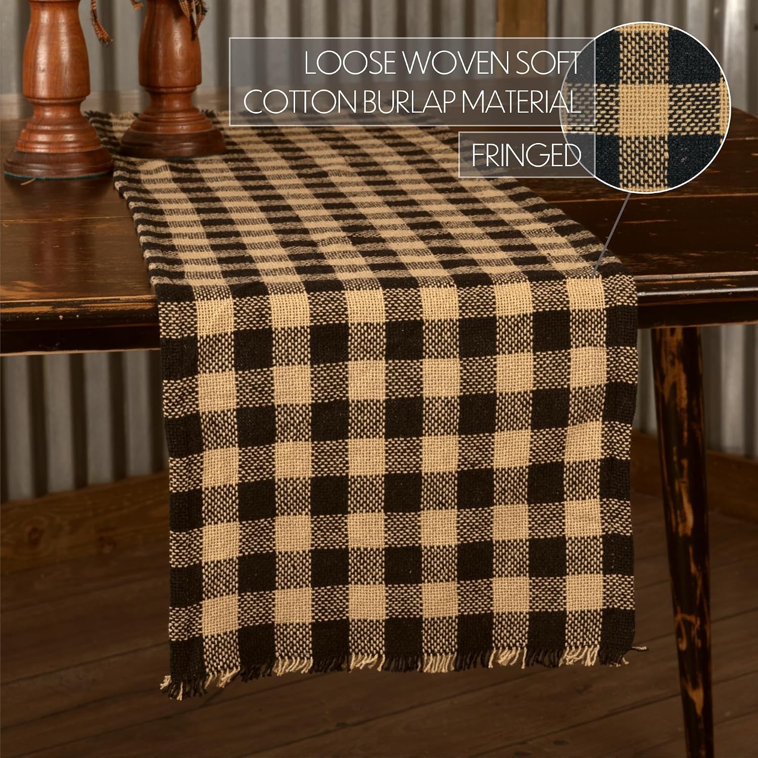 burlap-black-check-runner-fringed-13x48-country-rustic-kitchen-tabletop-design-black-and-tan