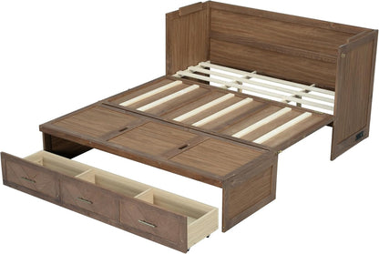Queen Size Murphy Bed with Charging Station and Storage, Farmhouse Murphy Bed with Foldable Panel for Guest Bedroom, Living Room, Office, Light Walnut6
