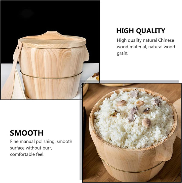 Wooden Rice Steamer Bucket Natural Chinese Material Steamed Rice Barrel with Lid Spoon Cloth and Iron Handles Removable Bottom for Even Cooking and Easy Cleaning 8.26 X 6.49 X 6.49 In4
