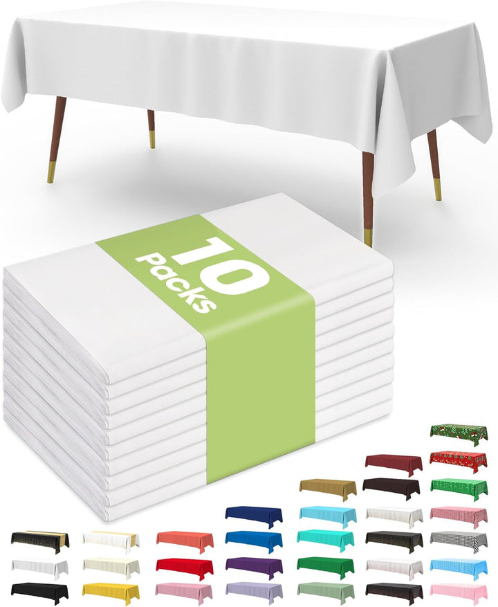 Plastic Table Cloth 10 Pack, 54 X 108 Inch Disposable Table Cloths for Party, Picnic and Wedding, Rectangle, White | Picnic, Wedding, Party Supplies, Leakproof & Sturdy, Tablecloth, Table Cover