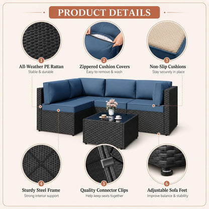 5-Piece Patio Furniture Set, Outdoor Wicker Sectional Sofa with 4-Inch Thick Cushions & Coffee Table, All-Weather PE Rattan Conversation Set for Backyard, Garden, Poolside, Aegean Blue5