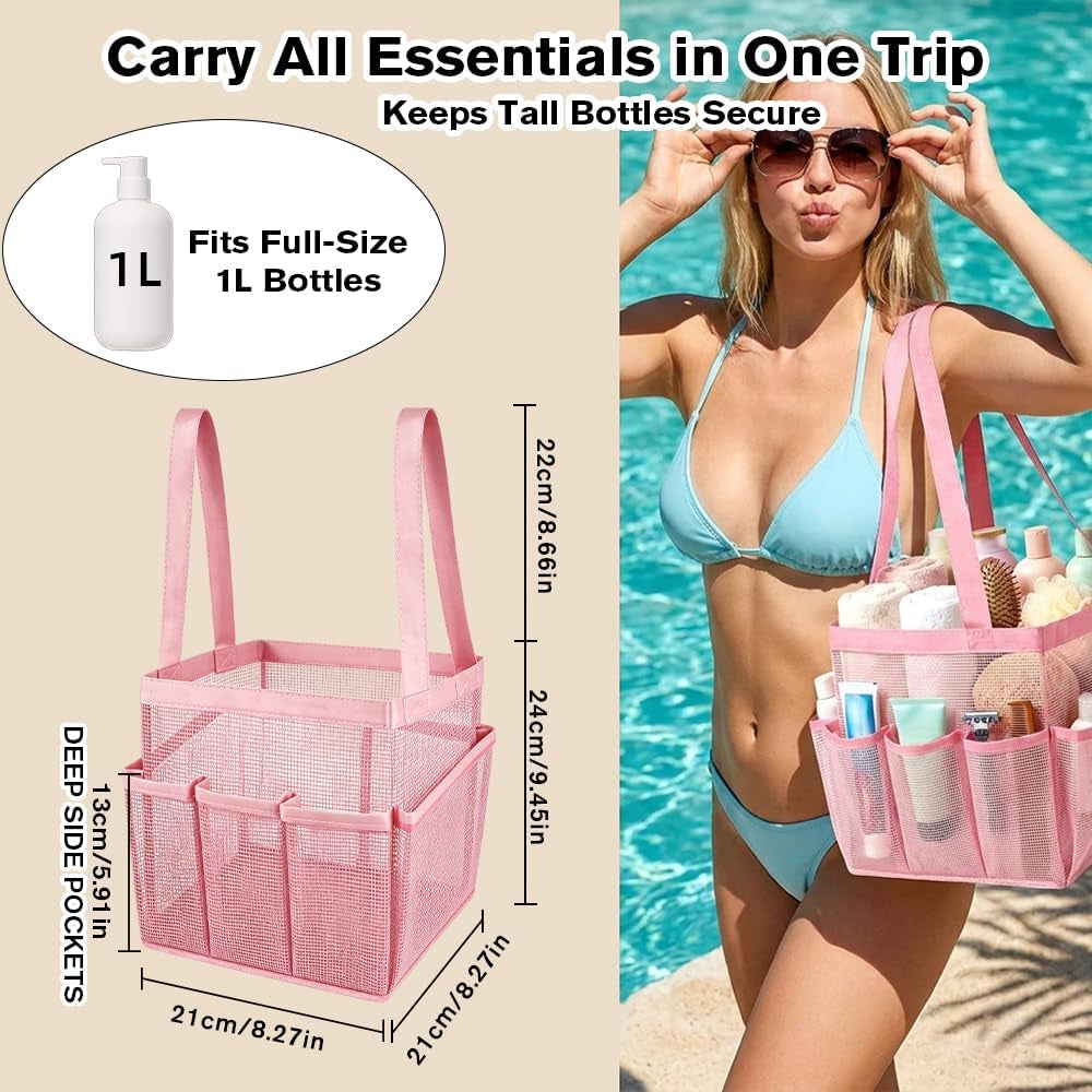 mesh-shower-caddy-portable-for-college-dorm-room-essentials-large-foldable-camp-travel-shower-bag-with-9-pockets-quick-dry-bathroom-toiletry-tote-bag-for-beach-swimming-gym-women-girl-pink