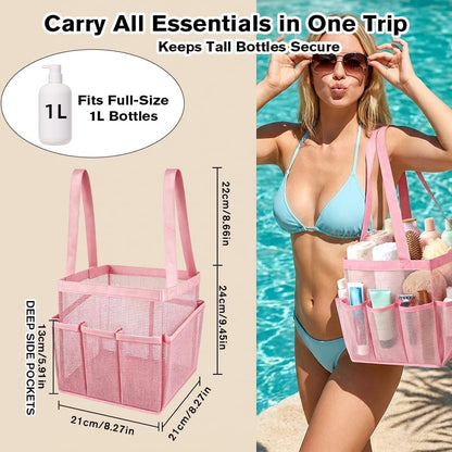 Mesh Shower Caddy Portable for College Dorm Room Essentials, Large Foldable Camp Travel Shower Bag with 9 Pockets, Quick Dry Bathroom Toiletry Tote Bag for Beach Swimming Gym Women Girl (Pink)3