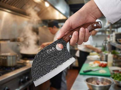 3PCS Butcher Knife Set, 7" Butcher Meat Cleaver, 7" Serbian Chef Knife and 6.5" Viking Knife, Hand Forged Kitchen Knife Set with Plastic Handle, Geat for Home, Camping, BBQ (Unique Finger Hole Design)4
