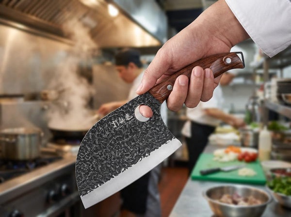 3PCS Butcher Knife Set, 7" Butcher Meat Cleaver, 7" Serbian Chef Knife and 6.5" Viking Knife, Hand Forged Kitchen Knife Set with Plastic Handle, Geat for Home, Camping, BBQ (Unique Finger Hole Design)4