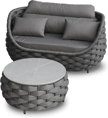 Patio Loveseat with Table: Aluminum Hand Woven Rope 2 Piece Patio Furniture Set - Cushioned Outdoor Seating Set - Modern Metal Lounge Set Assembled for Porch Balcony Deck Garden Hotel, Dark Grey1